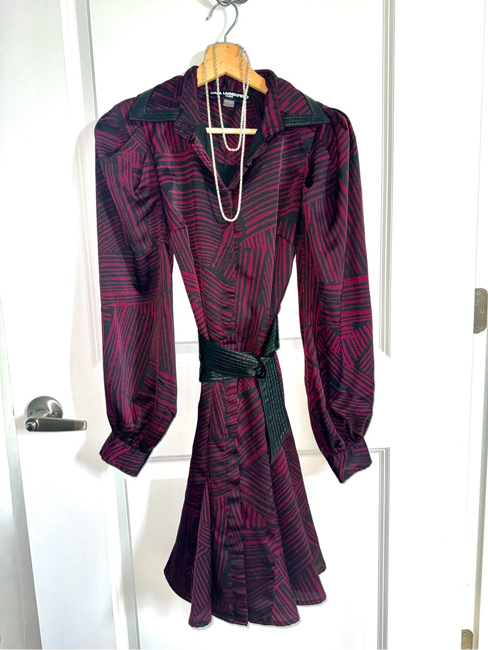 Karl Lagerfeld Burgundy & Black Patterned Mini Dress
